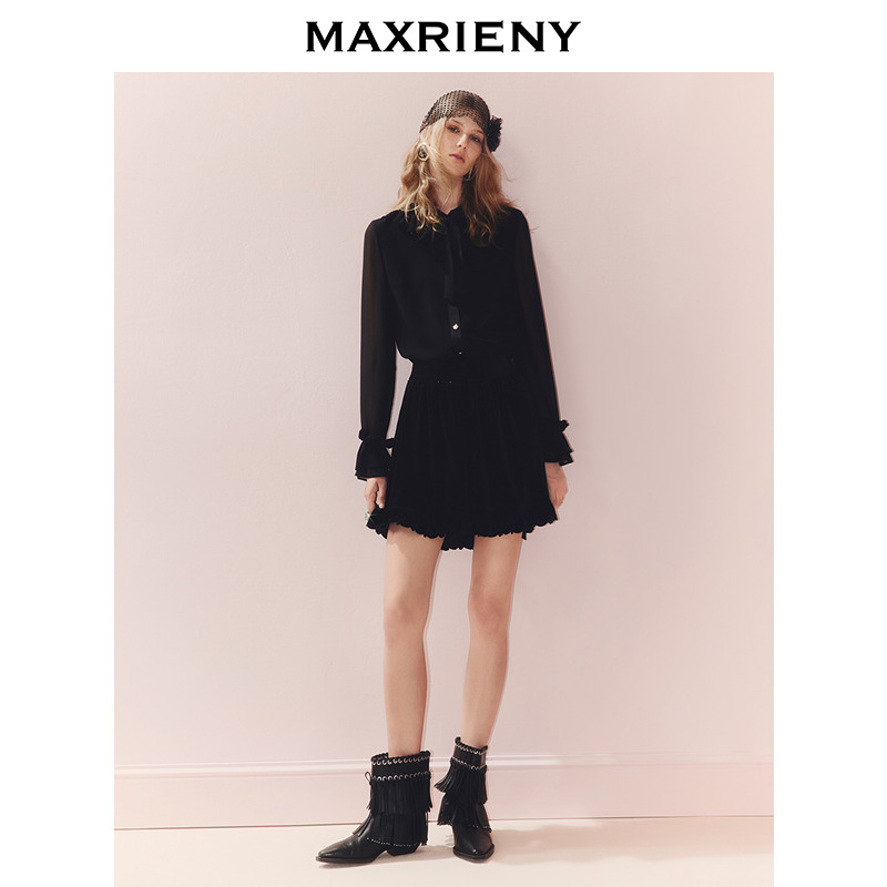 MAXRIENY法式慵懒感穿搭雪纺衬衫女25秋款H型系带蝴蝶结宽松上衣