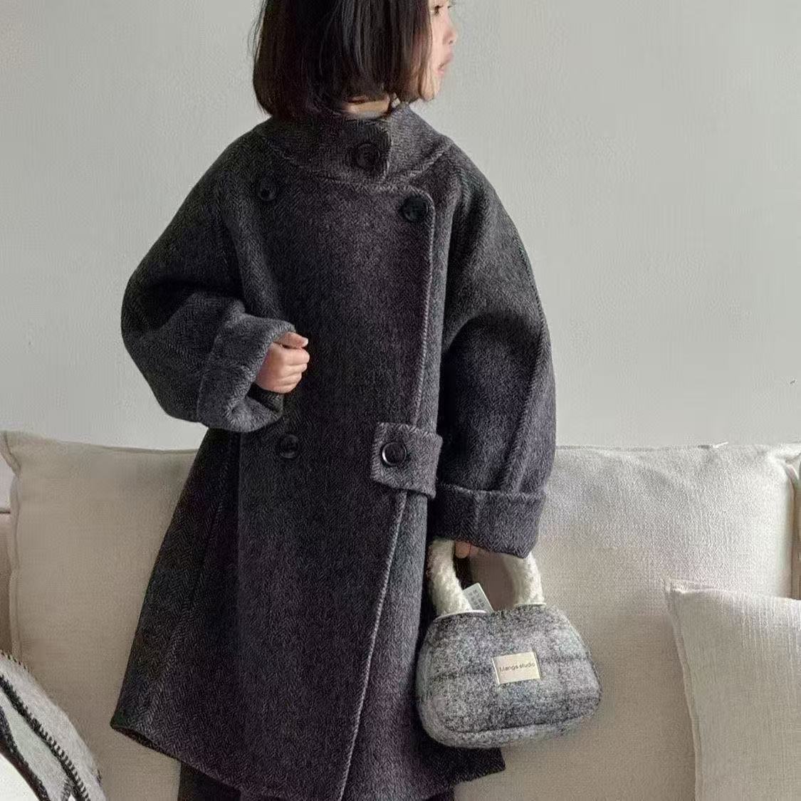 韩系童装男女童洋气双面羊绒大衣立领中长款秋冬中大童外套