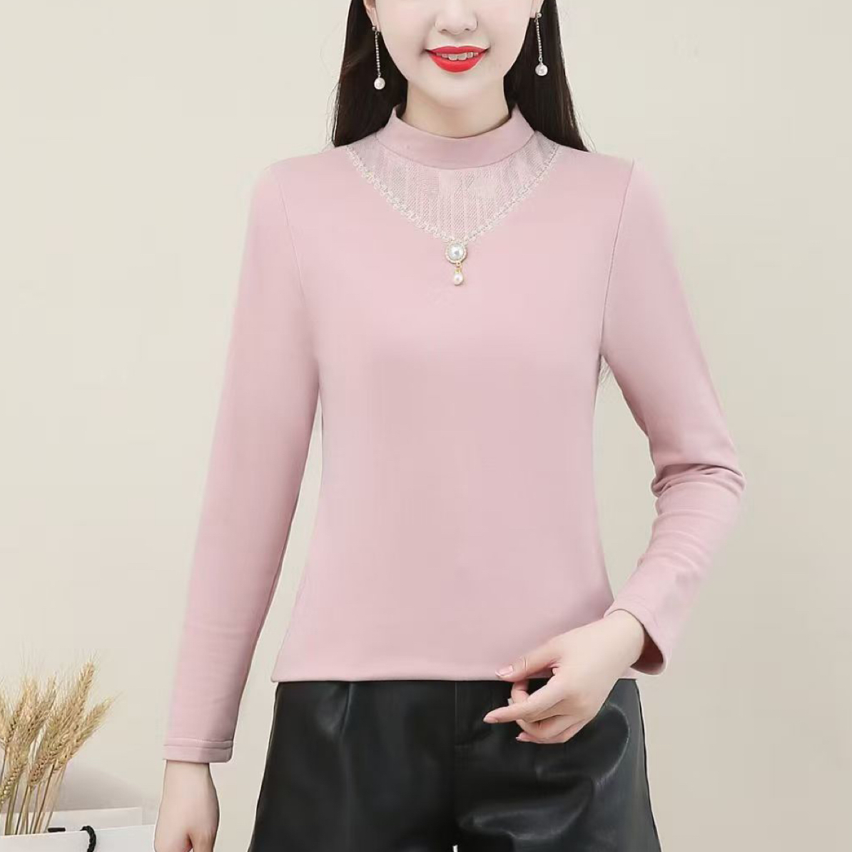 508#【衣长56】长袖半高领秋季简约打底T恤德绒修身保暖时尚上衣