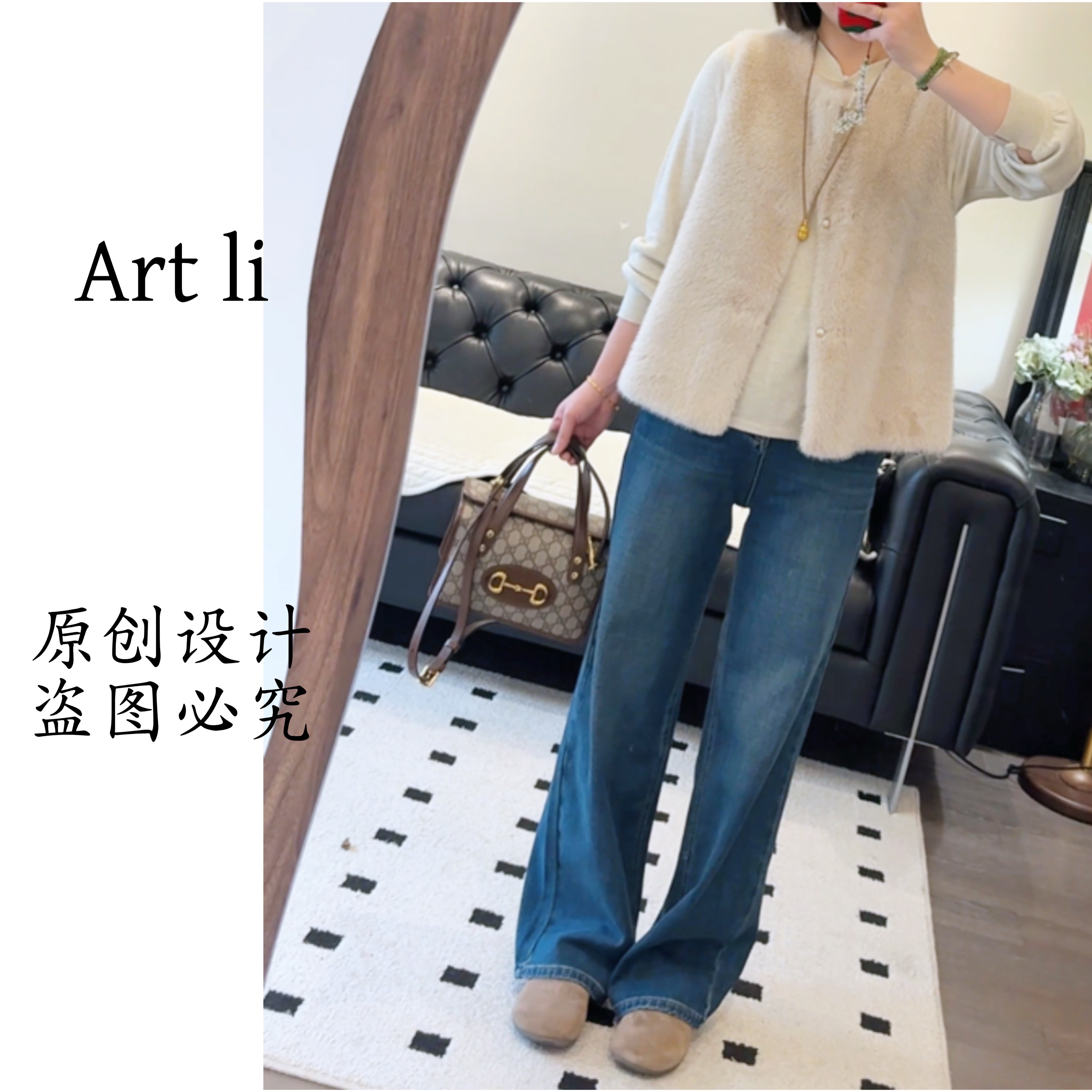 Art li原创复古高腰阔腿水洗蓝牛仔裤宽松垂感显瘦拖地裤66035-2