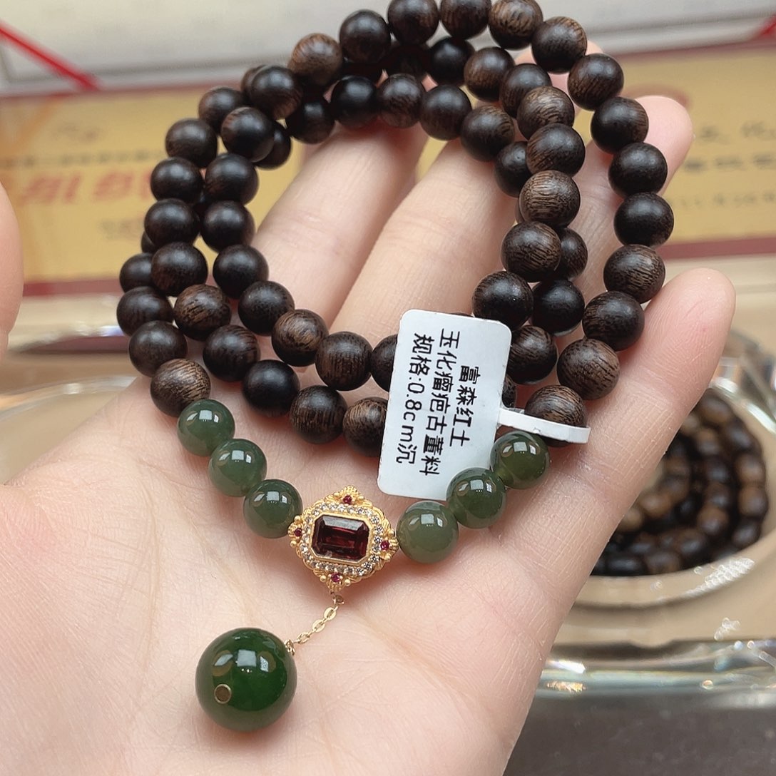 沉香手串越南富森红土玉化瘤疤古董料
