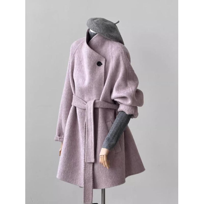 2025法式小香风粉色短款呢子大衣女秋冬季高级感绑带收腰毛呢外套