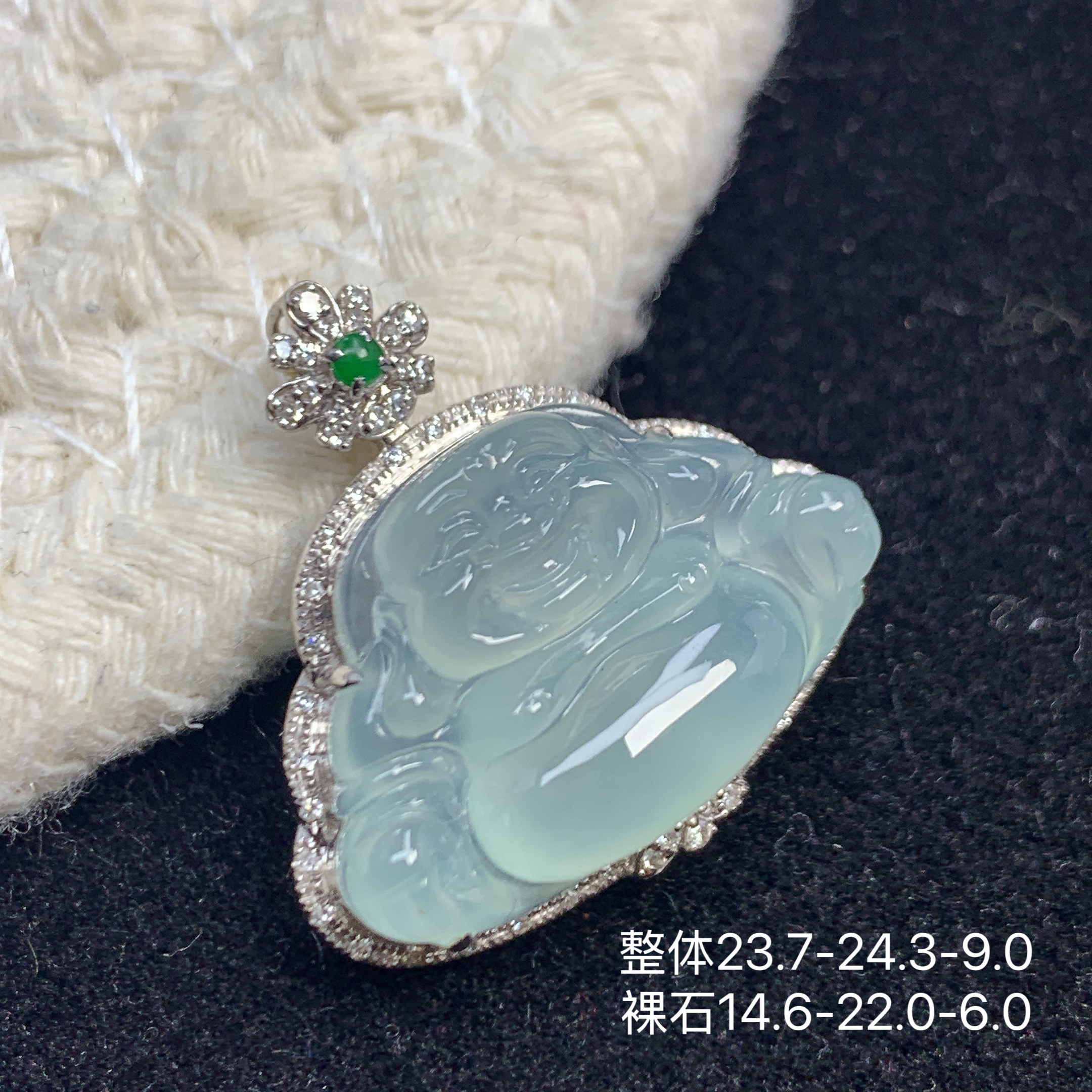 翡翠浅晴水底种水佛公18k金密钻镶嵌缅甸天然翡翠a货佛公吊坠