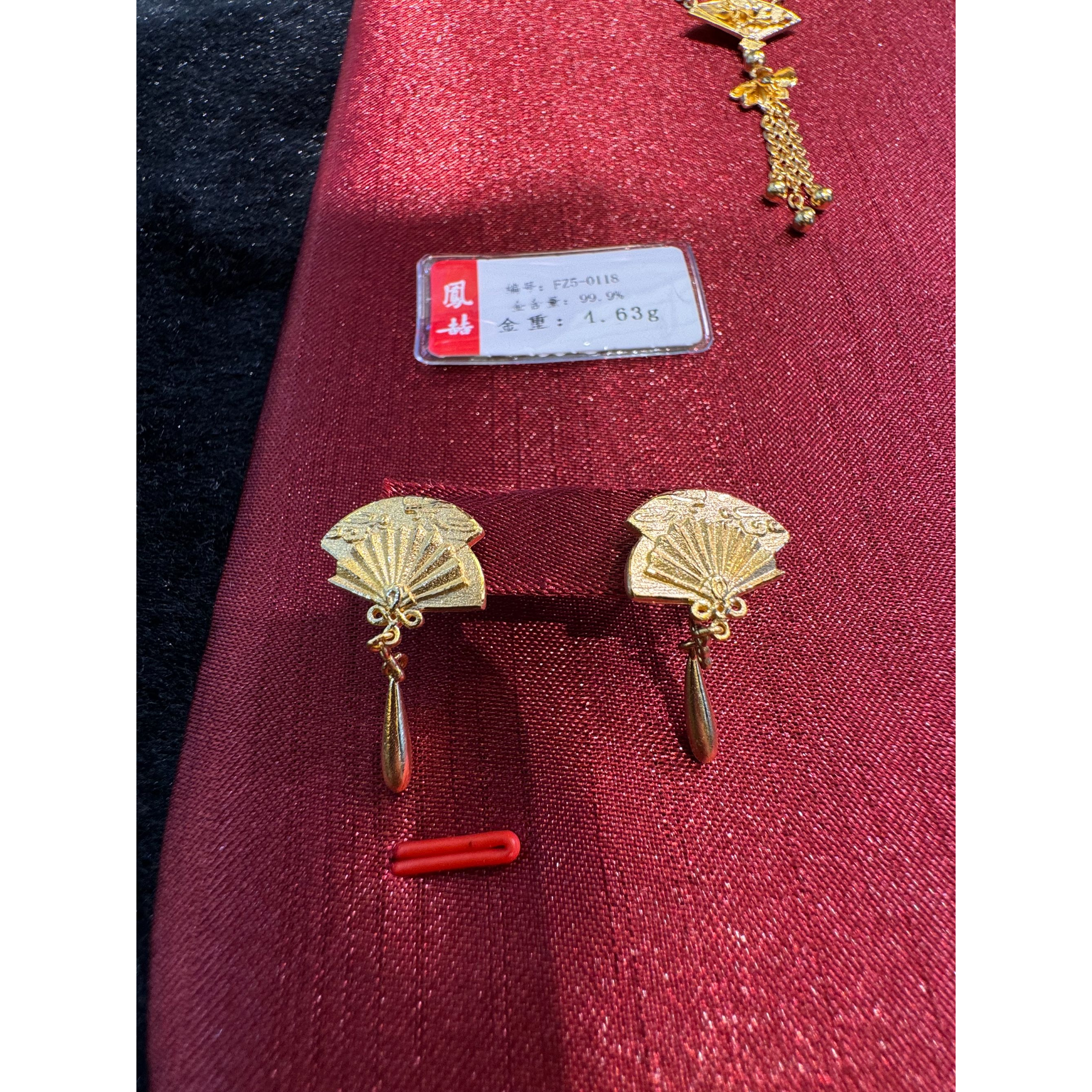 鳳喆古法錾刻精品工艺50118团扇日常国风1耳钉(一对)足金999