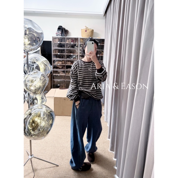 Aria&Eason泡菜冬季新款女绒面条纹卫衣no退no换