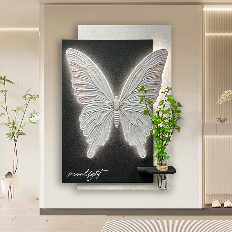 高级感黑白蝴蝶玄关装饰画客厅沙发背景墙壁画3d立体浮雕