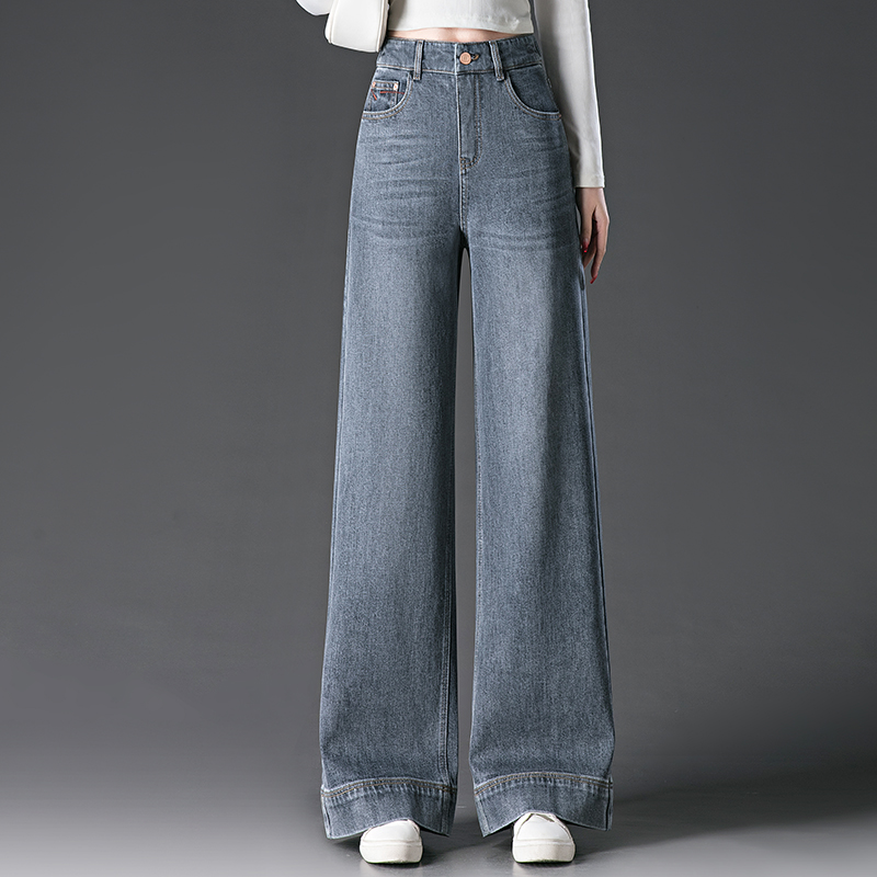 正品烟灰色阔腿牛仔裤女2025年新款春秋高腰宽松垂感长裤直筒裤子