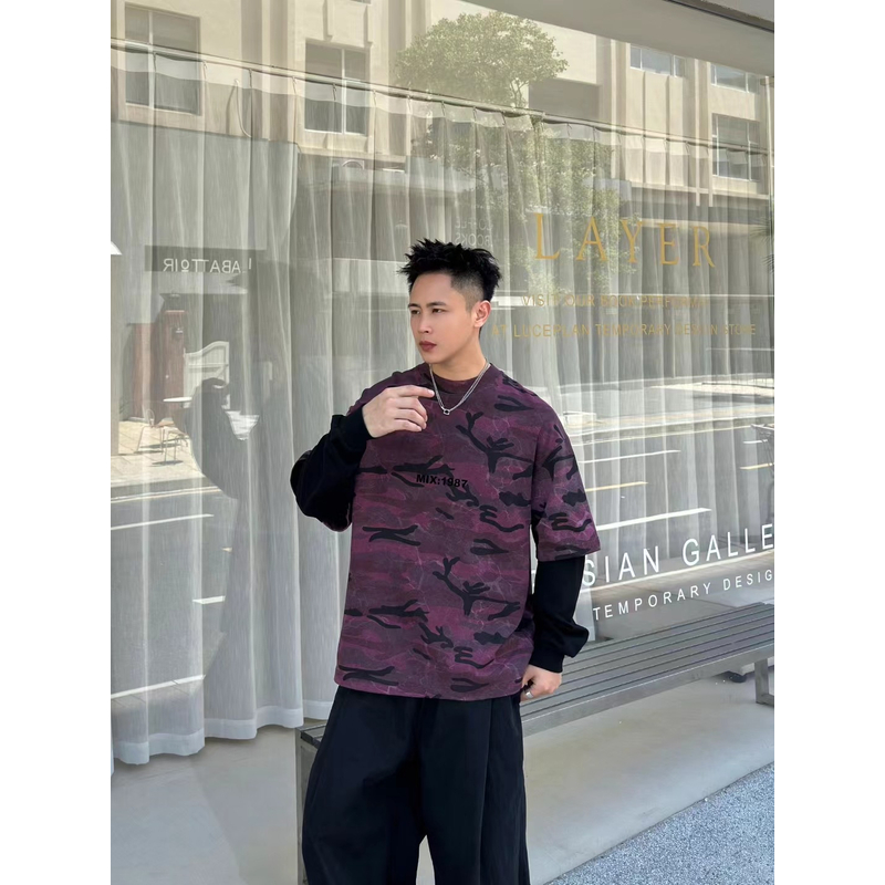 美式做旧水洗复古迷彩卫衣男款秋季圆领T恤潮牌宽松休闲长袖上衣