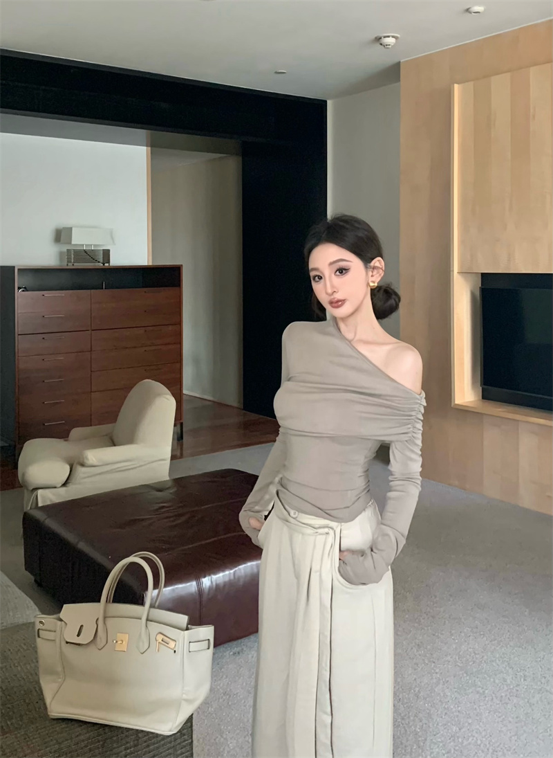 优雅洋气设计感辣妹斜肩百搭显瘦T恤长袖上衣荡领布丁蕾丝8144#