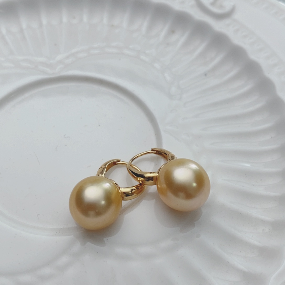 海水珍珠耳饰18K金镶嵌11-12mm南洋金珠耳坠