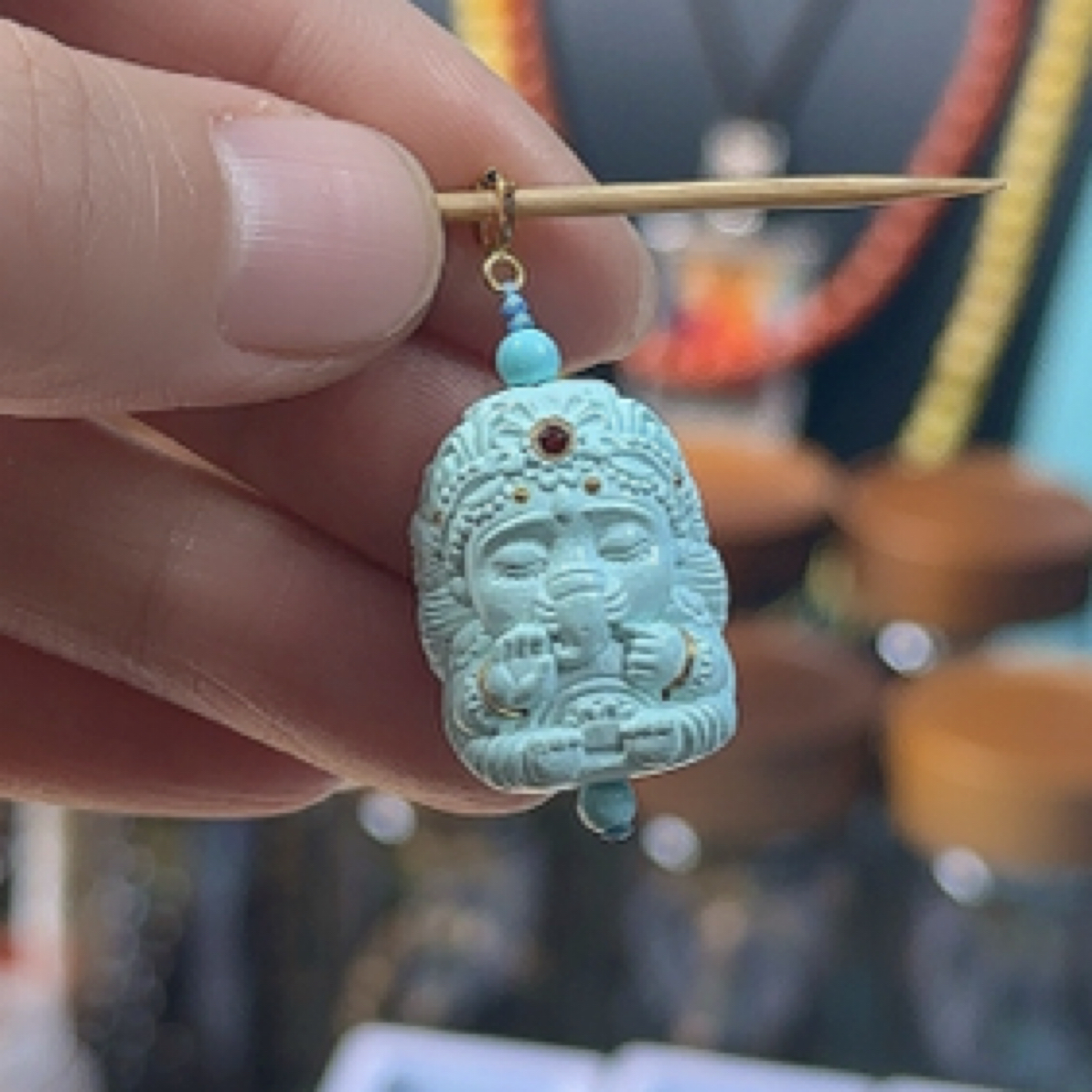 绿松石象神吊坠 原矿绿松石吊坠 18k金扣头绿松石吊坠