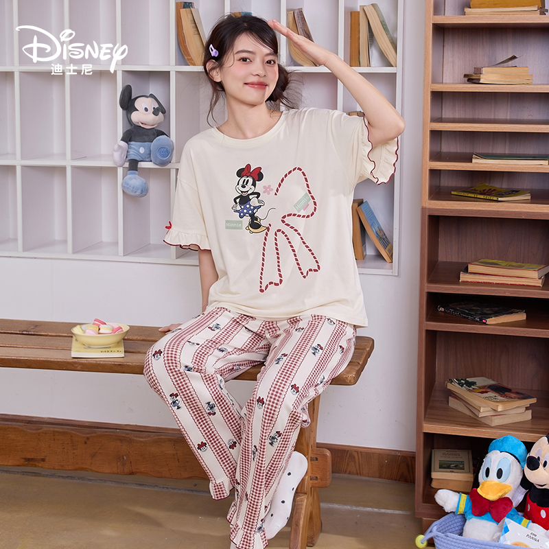 Disney迪士尼夏季甜美天丝莱赛尔睡衣女舒适短袖长裤家居服0353