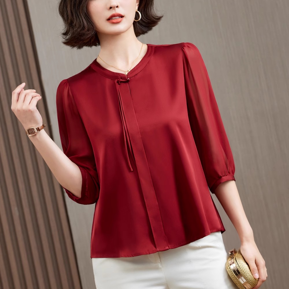 红色真桑蚕丝衬衫洋气2025夏新高端时尚小衫中老年妈妈装打底衫