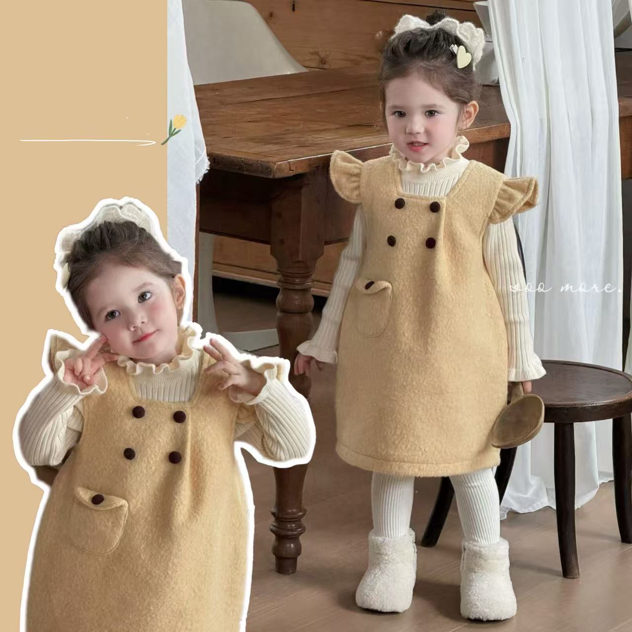 【实体现现】软妹专属！女童飞袖连衣裙韩版秋冬洋气女宝宝奶黄包裙