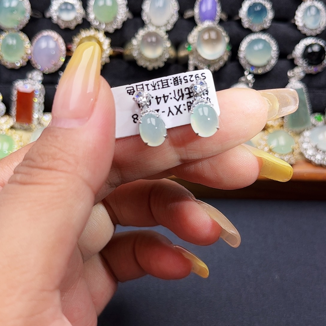 翡翠戒指银S925镶嵌缅甸天然A货，翡翠耳钉 