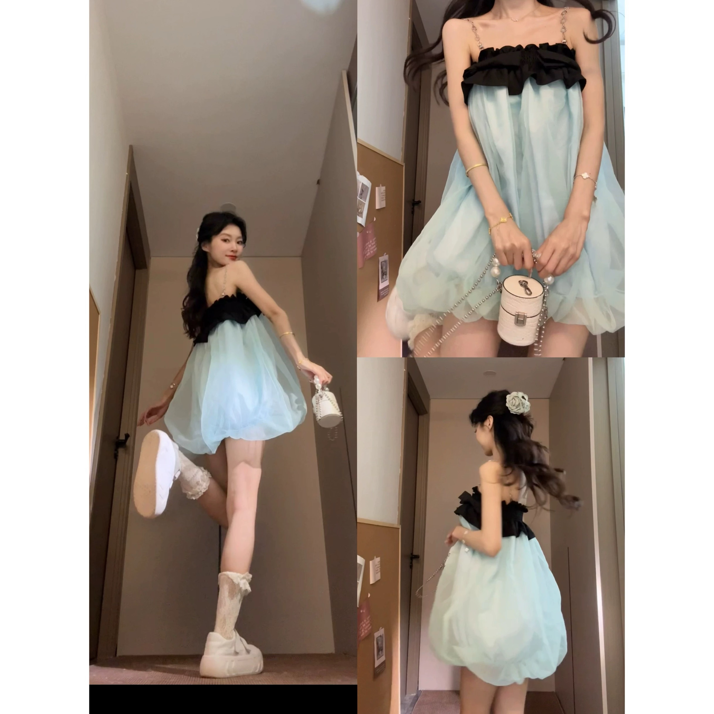 Seven 七分糖欧若风法式甜美抹胸链条蝴蝶结吊带连衣裙女花苞裙