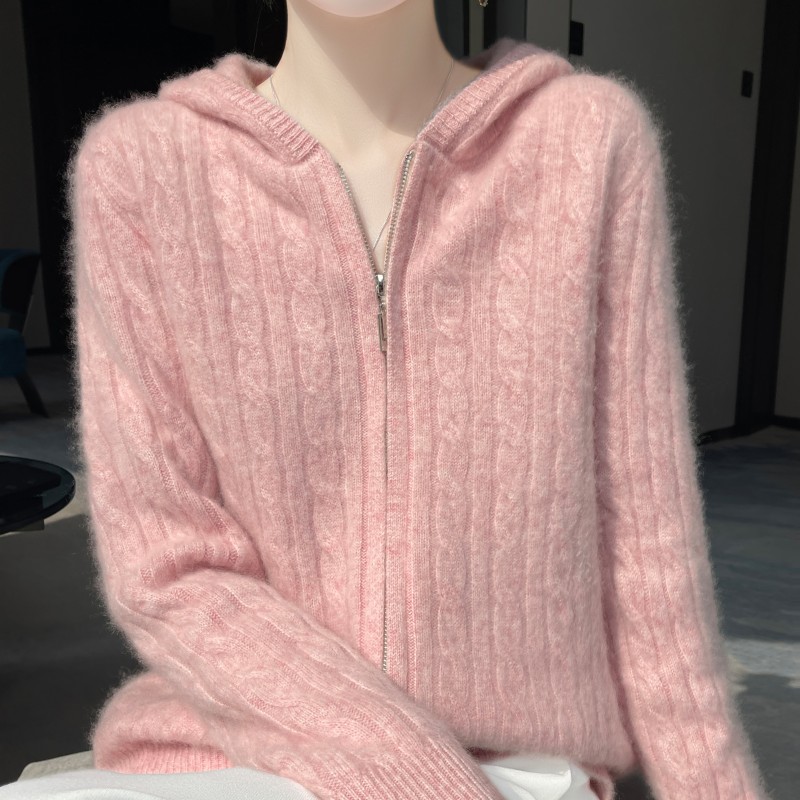 【七针加厚】麻花针织衫女100%纯羊毛扭花拉链连帽开衫秋冬衣LG2502