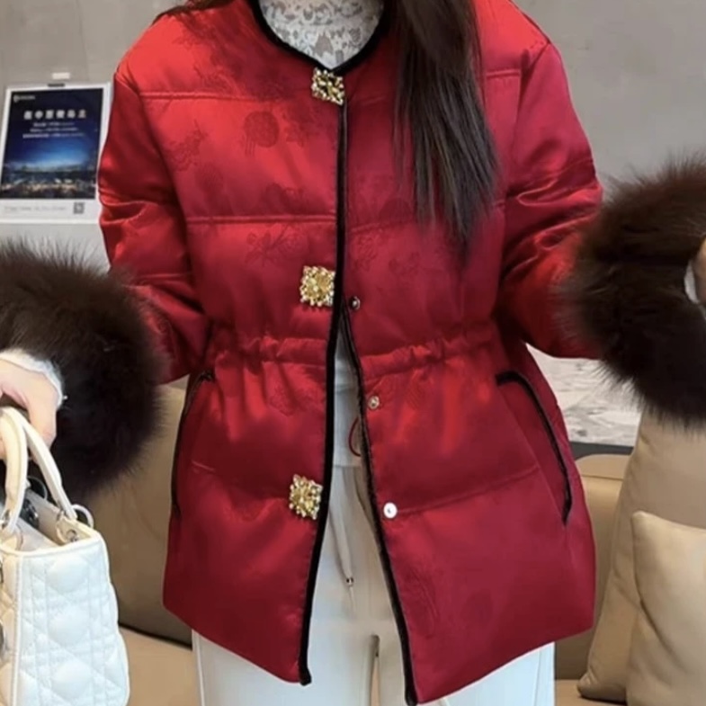 桐桐冬季抽绳收腰大钻扣新中式中长款加厚加棉外套重工提花女上衣