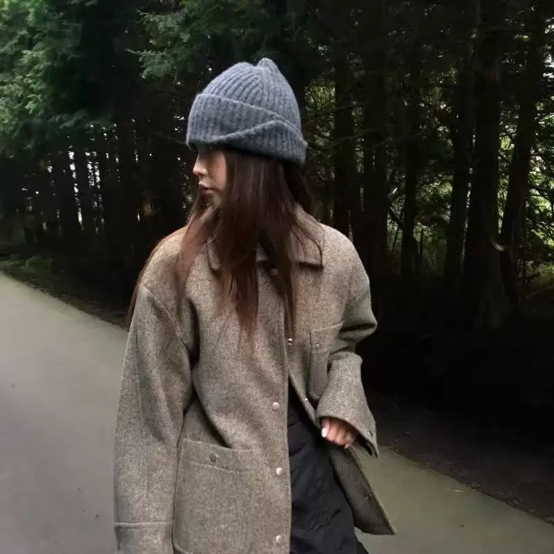 东大门同款纯色简约针织护耳毛线帽百搭条纹保暖秋冬套头冷帽男女