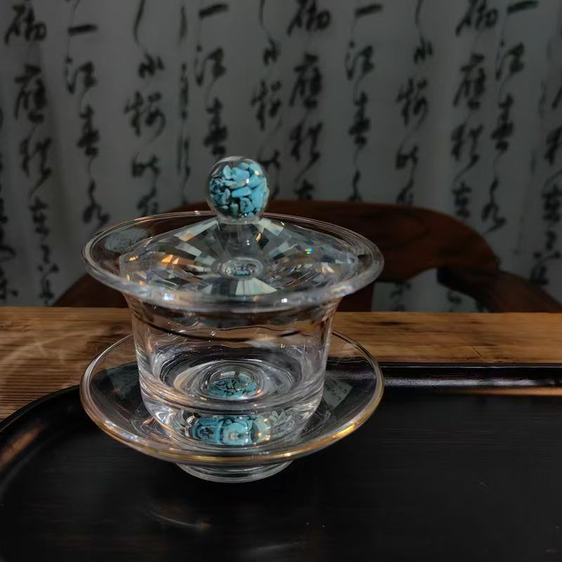 绿松石水晶玻璃三才盖碗 E  872