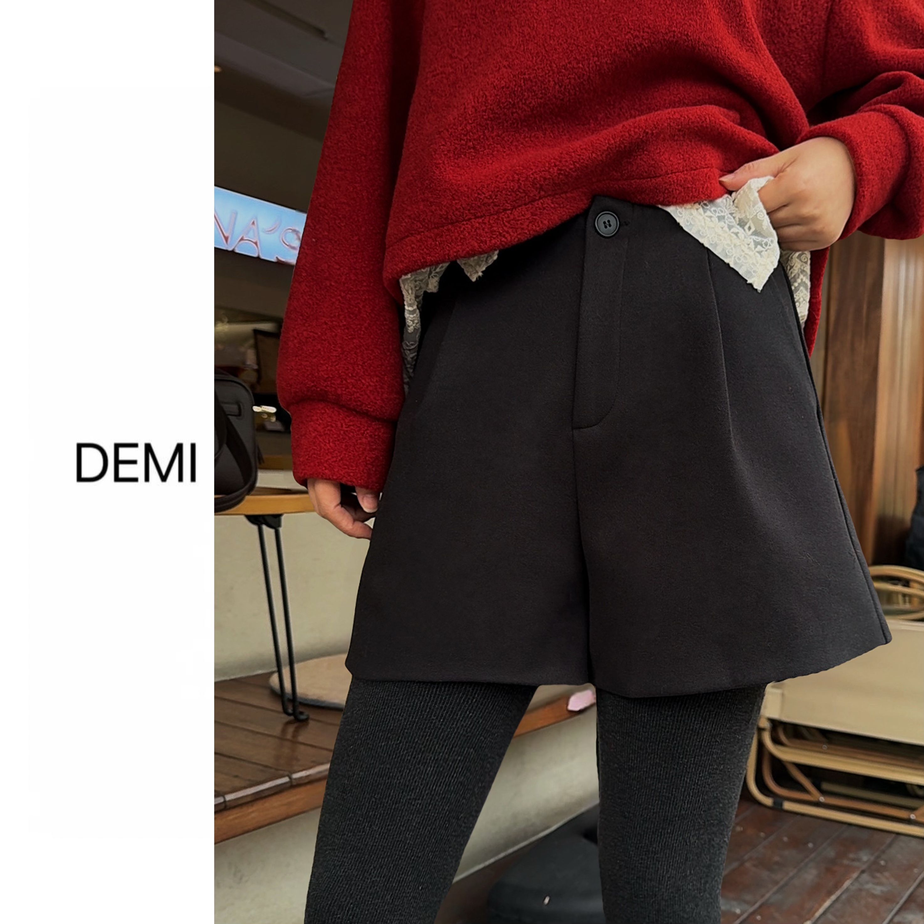 MISS RUILI 定制 冬季高腰宽松百搭休闲毛呢阔腿短裤F1501