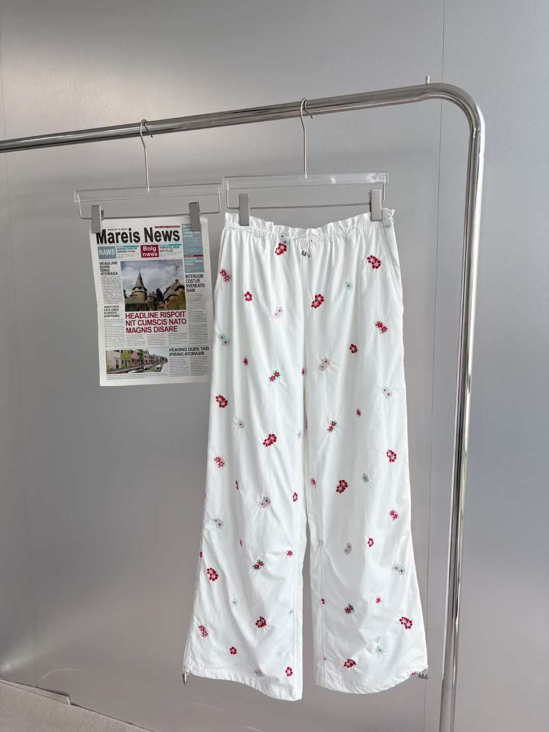 《丫丫推荐款》7261小众欧货小红花抽绳休闲裤白色宽松