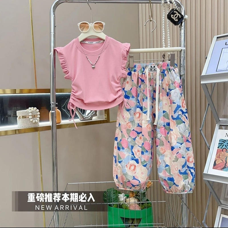 女童套装夏季薄款背心2025新款儿童时髦洋气上衣大童防蚊裤两件套