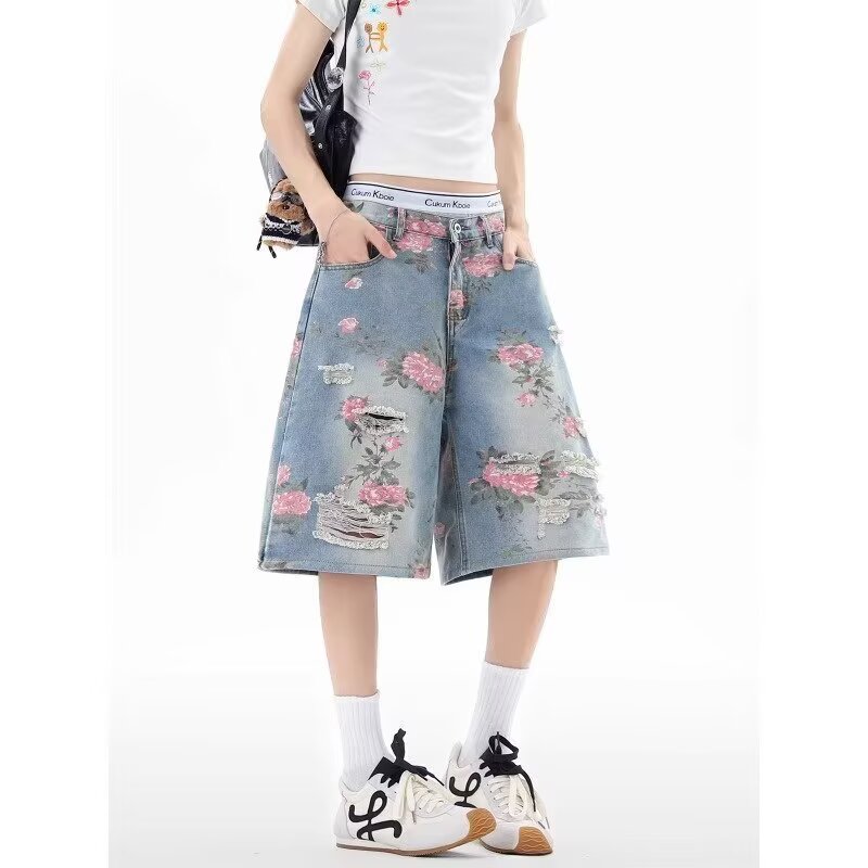 美式高街vibe花卉破洞牛仔短裤男女夏季潮流直筒阔腿裤痞帅七分裤