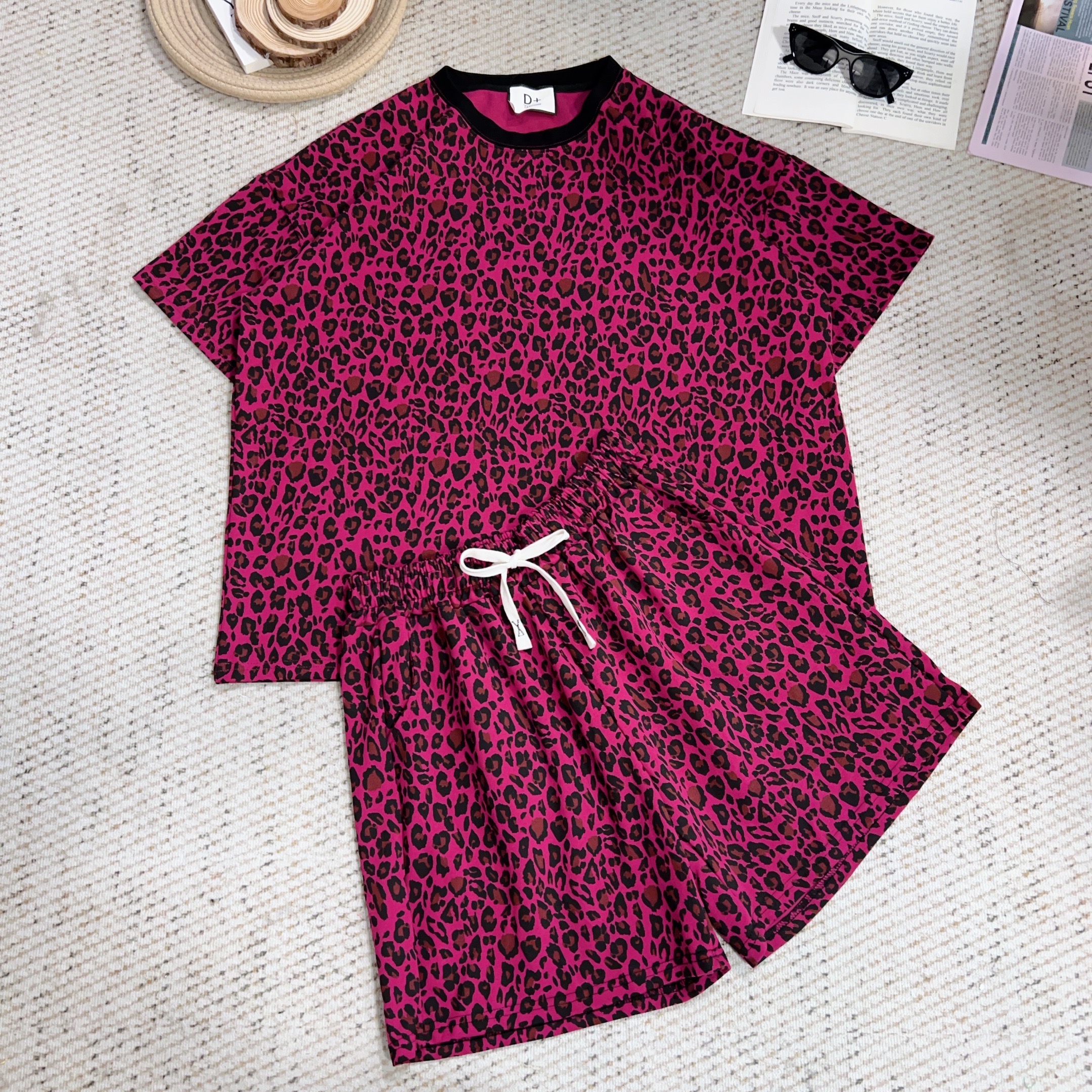2025夏季新款休闲宽松豹纹短袖套装4368