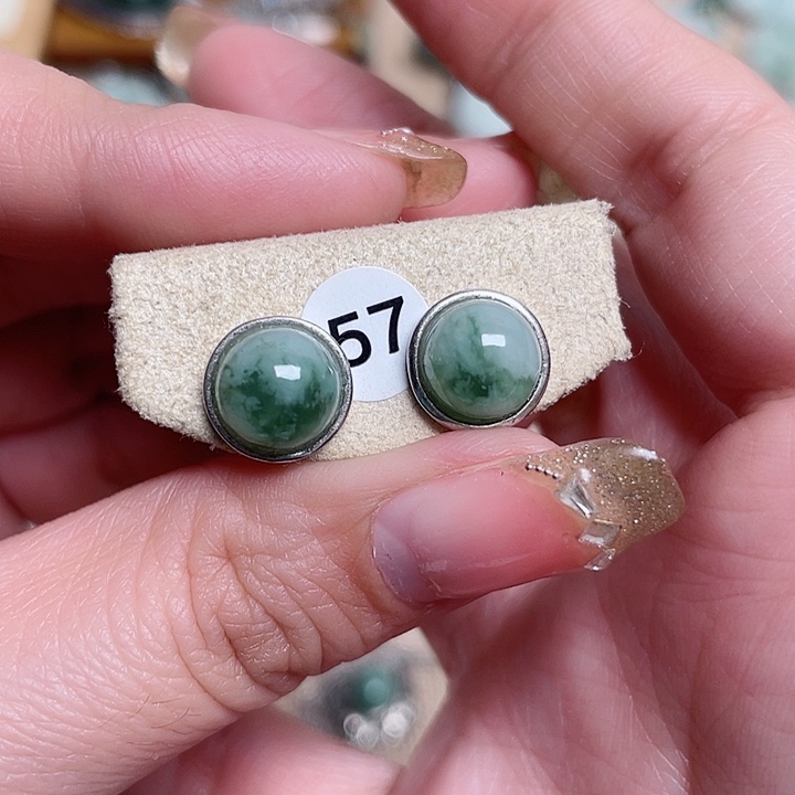 透闪石-蛇纹石玉耳钉银S925镶嵌