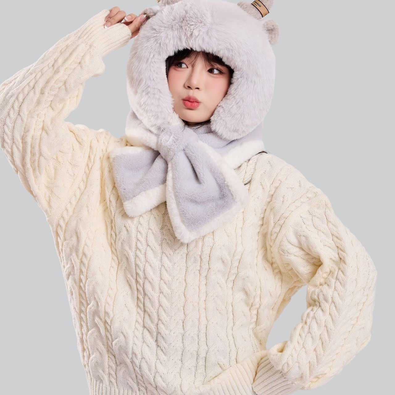 可爱小角毛绒帽子围巾一体女冬季加厚保暖护耳连帽围脖手套