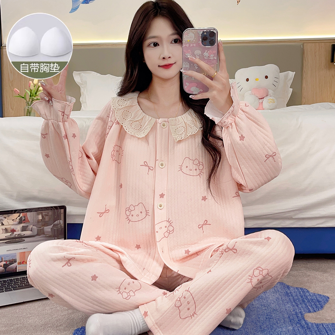 2025新款睡衣女款带胸垫秋冬保暖空气棉夹层加厚女士春秋长袖套装