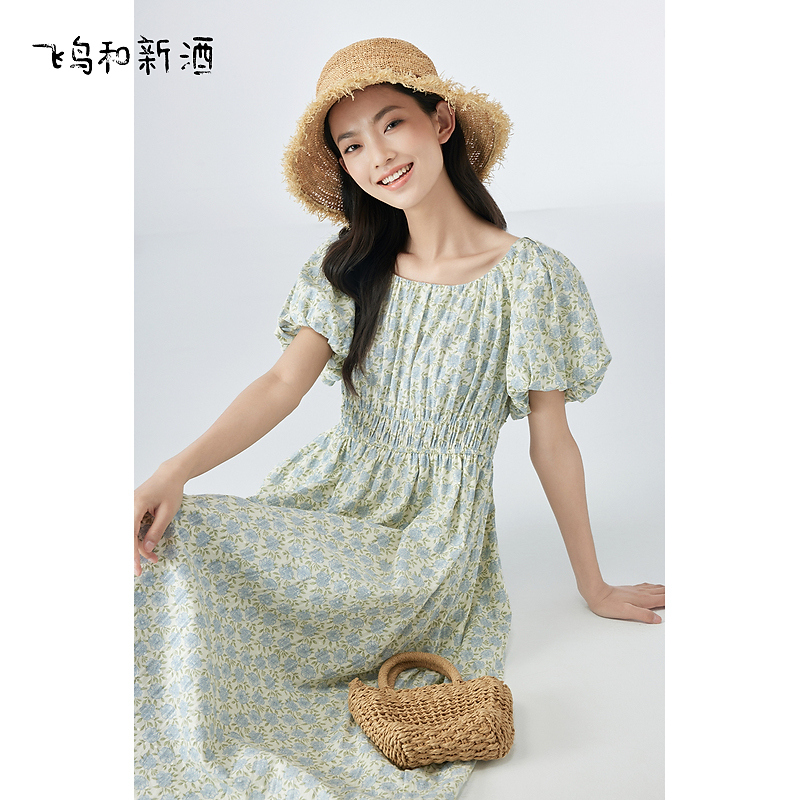 【艾钱钱】飞鸟和新酒泡泡袖碎花连衣裙气质裙FD430182229