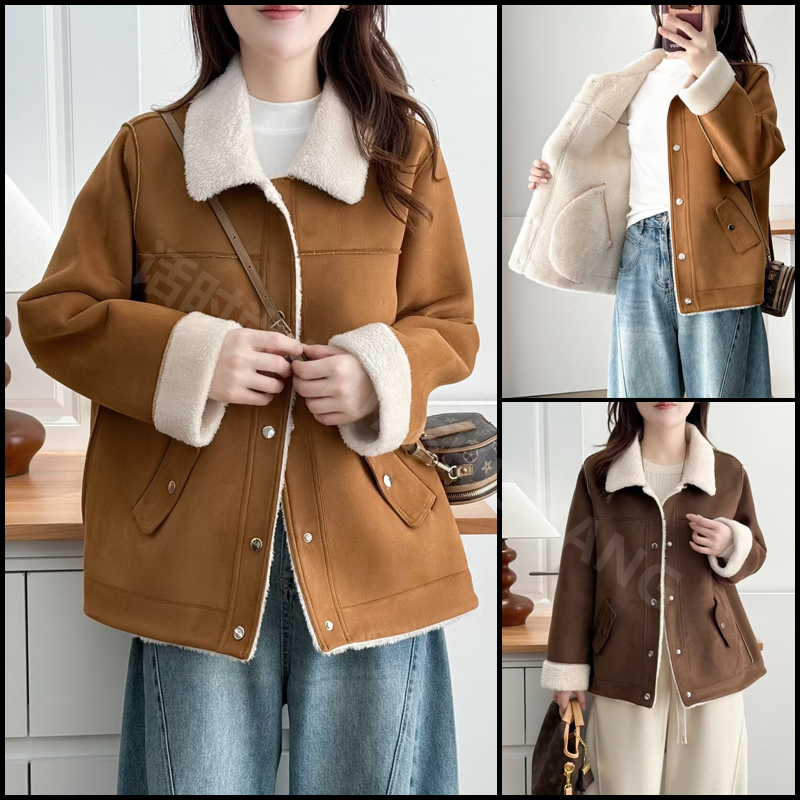 微胖大码女装秋冬洋气百搭翻领加绒加厚保暖宽松显瘦毛毛外套