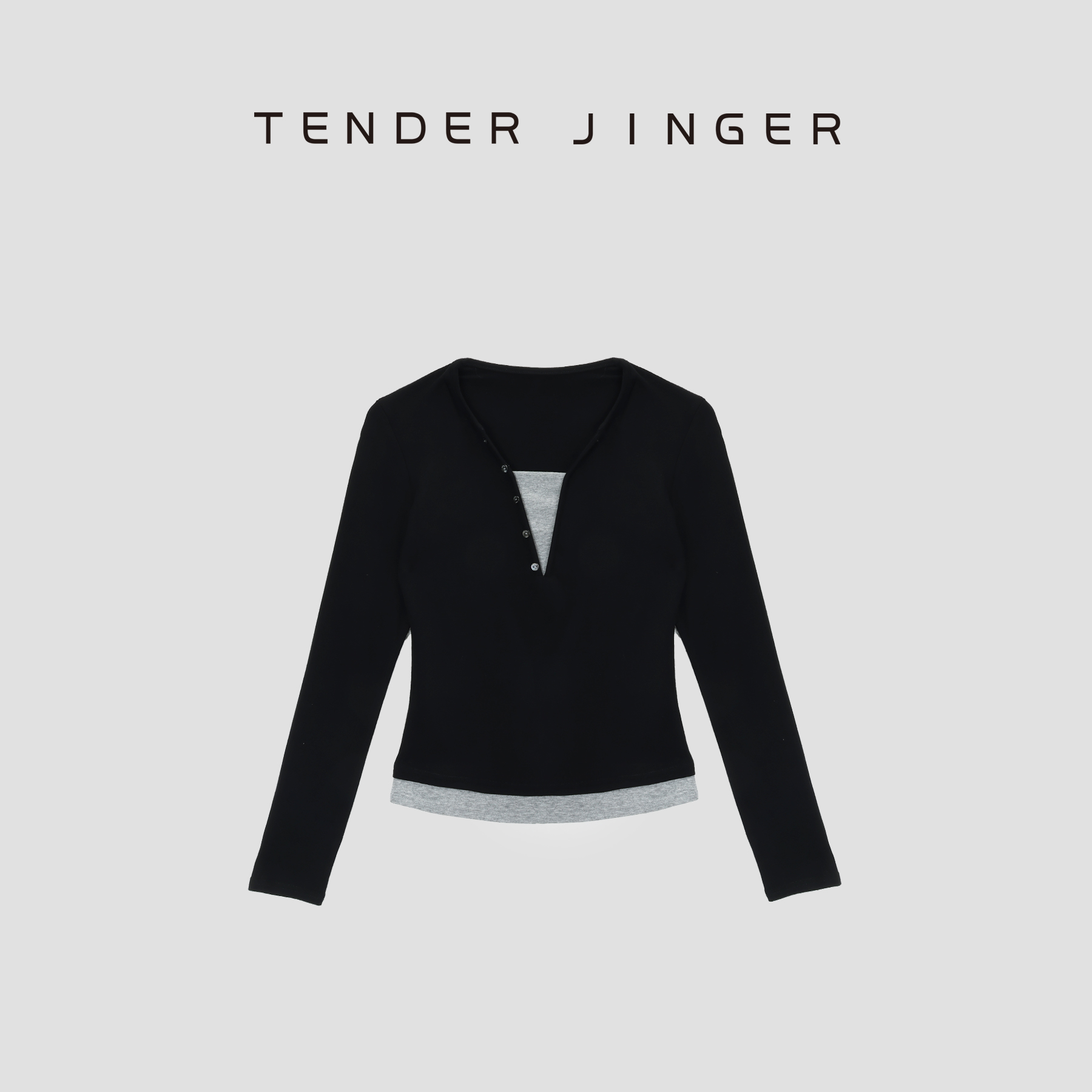 Tender Jinger百搭长袖假两件拼色针织打底衫T53LFK30879