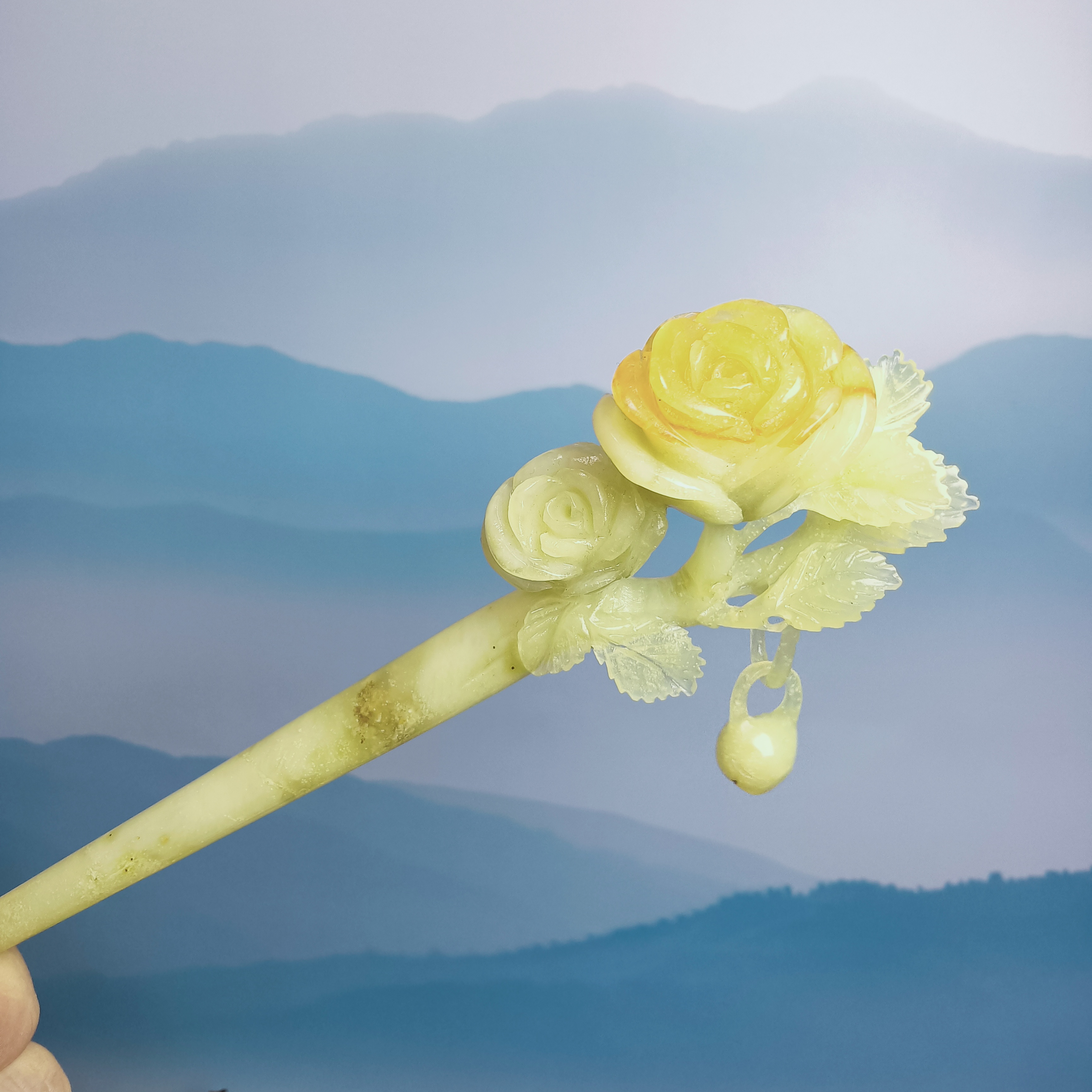 岫玉发簪手工雕刻，双玫瑰流苏款气质日常古典
