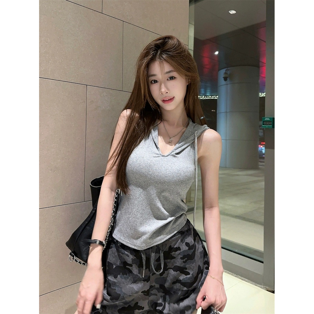 夏季新款美式时髦街头抽绳连帽无袖背心上衣设计感小众女百搭