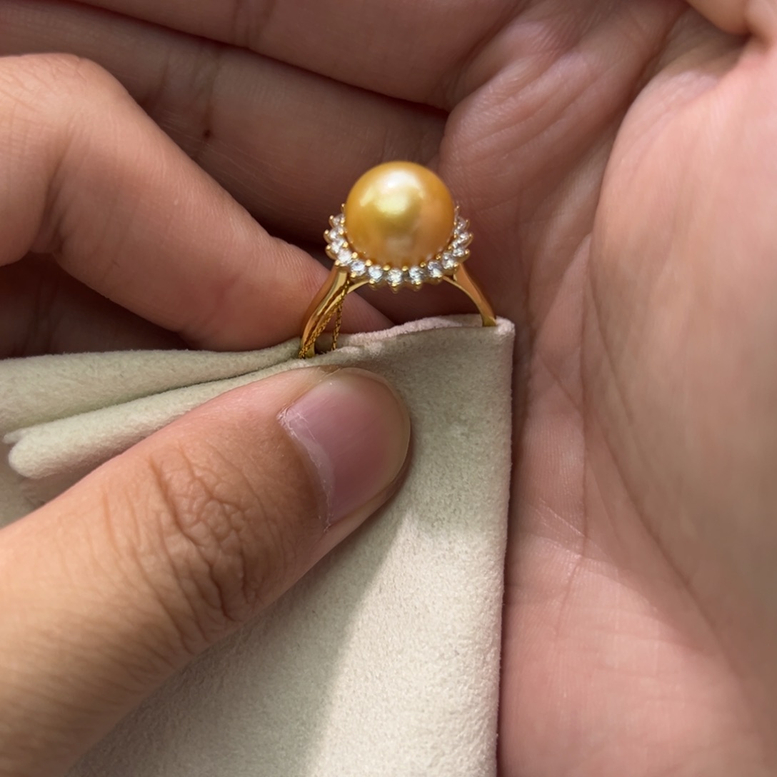 银S925镶嵌戒指海水珍珠10.6mm金珠太阳花戒指