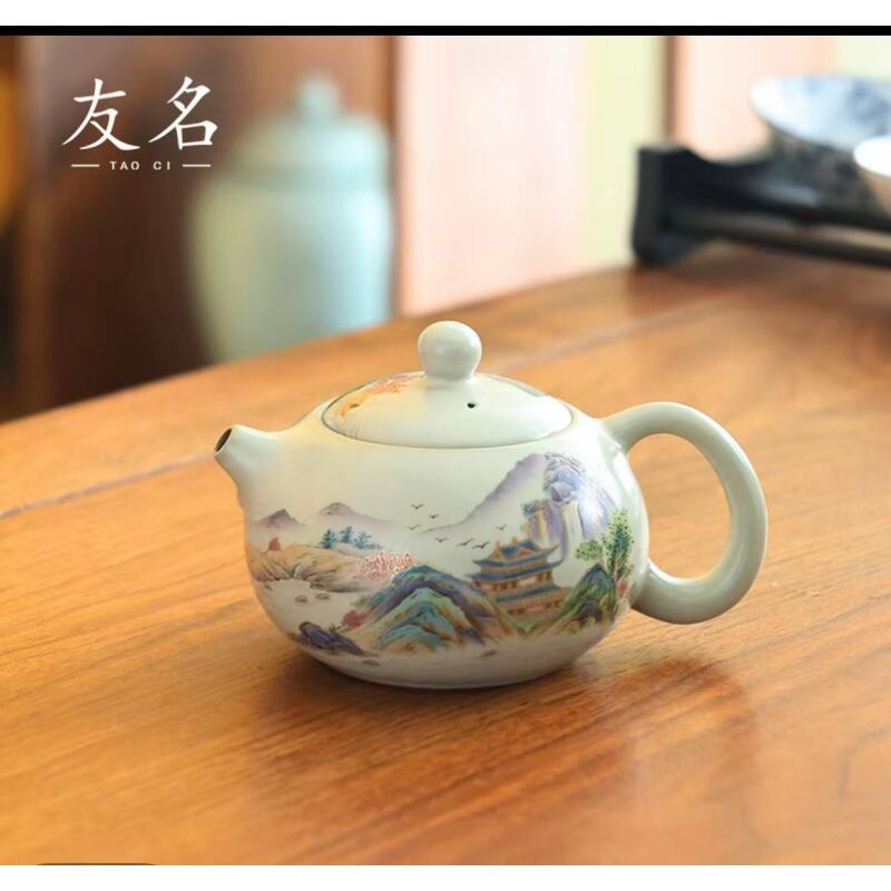 复古汝窑五彩山水凤鸣西施壶中式家用送礼泡茶壶-4145