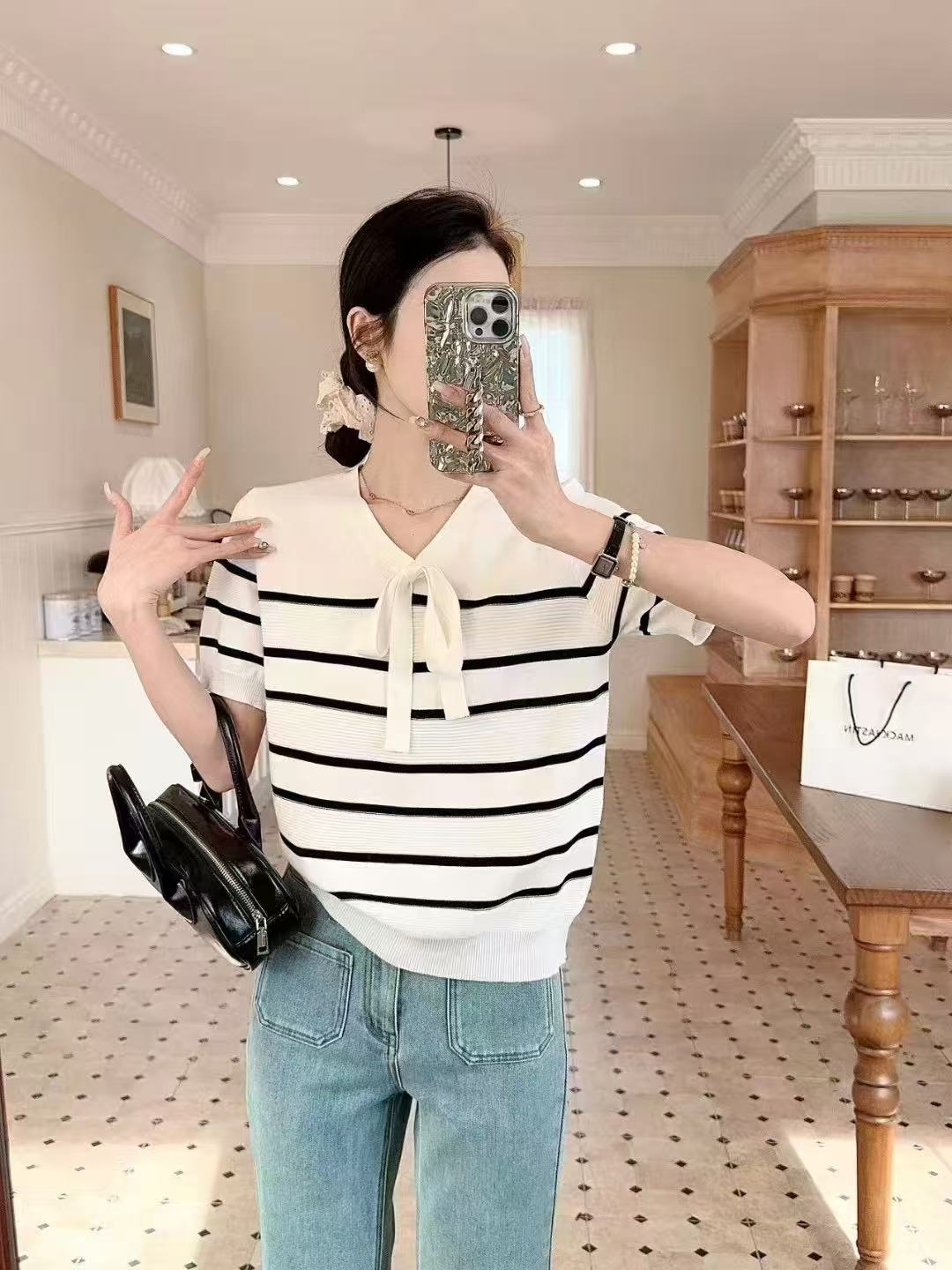 小曹大码#JQ032镂空冰丝针织上衣显瘦遮肚子女夏胖mm条纹打底衫