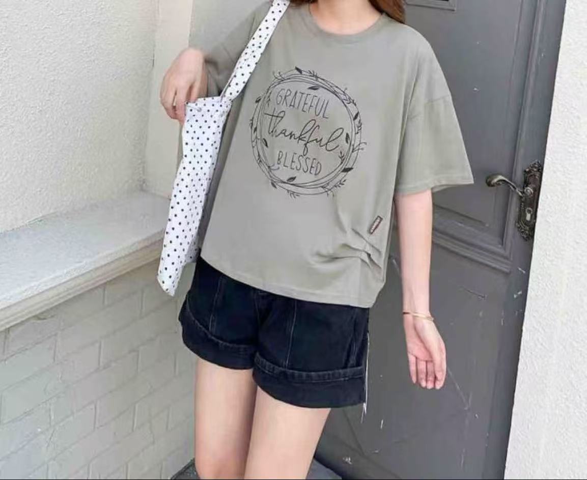 BA家A2885灰绿GR枝叶印花时尚T恤