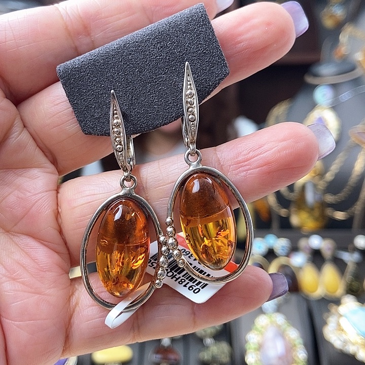 琥珀耳饰银S925镶嵌耳环