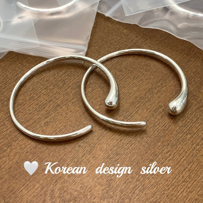 足银玻璃手镯 足银韩式简约亮银饰品 S925光面重工手环女生叠戴