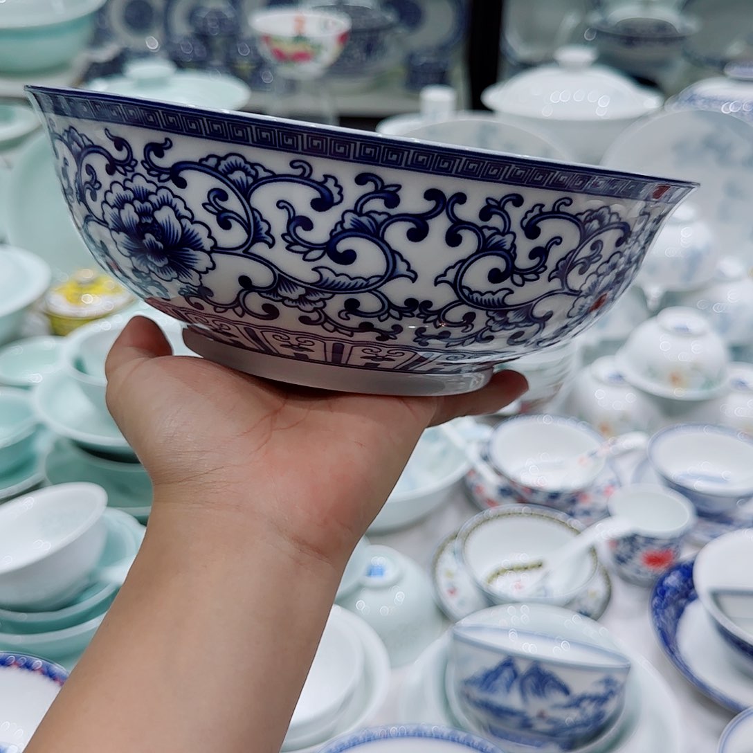 碗景德镇高温白瓷青花如意牡丹9寸斗碗一个
