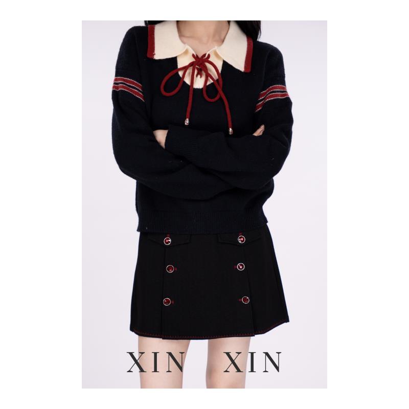 XIN XIN【宝石裙】气质女神 红色双排扣后腰松紧短裙