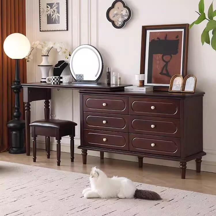 美式复古中古色实木梳妆台斗柜一体床尾储物收纳柜卧室小型化妆桌