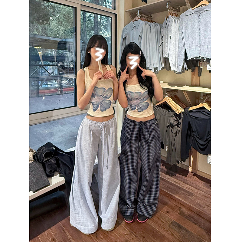 美式辣妹薄款夏季短款吊带背心女无袖美背打底上衣宽松休闲裤套装