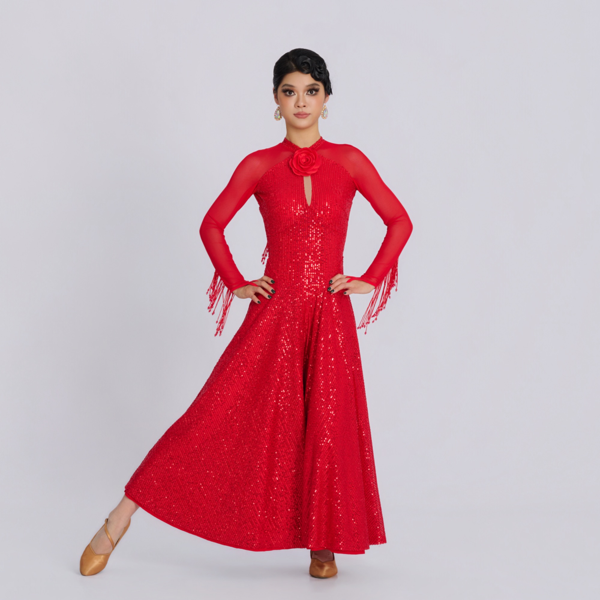 薇拉舞服连体裤流苏胸口花朵连体裤国标舞摩登舞演出服LT-0155