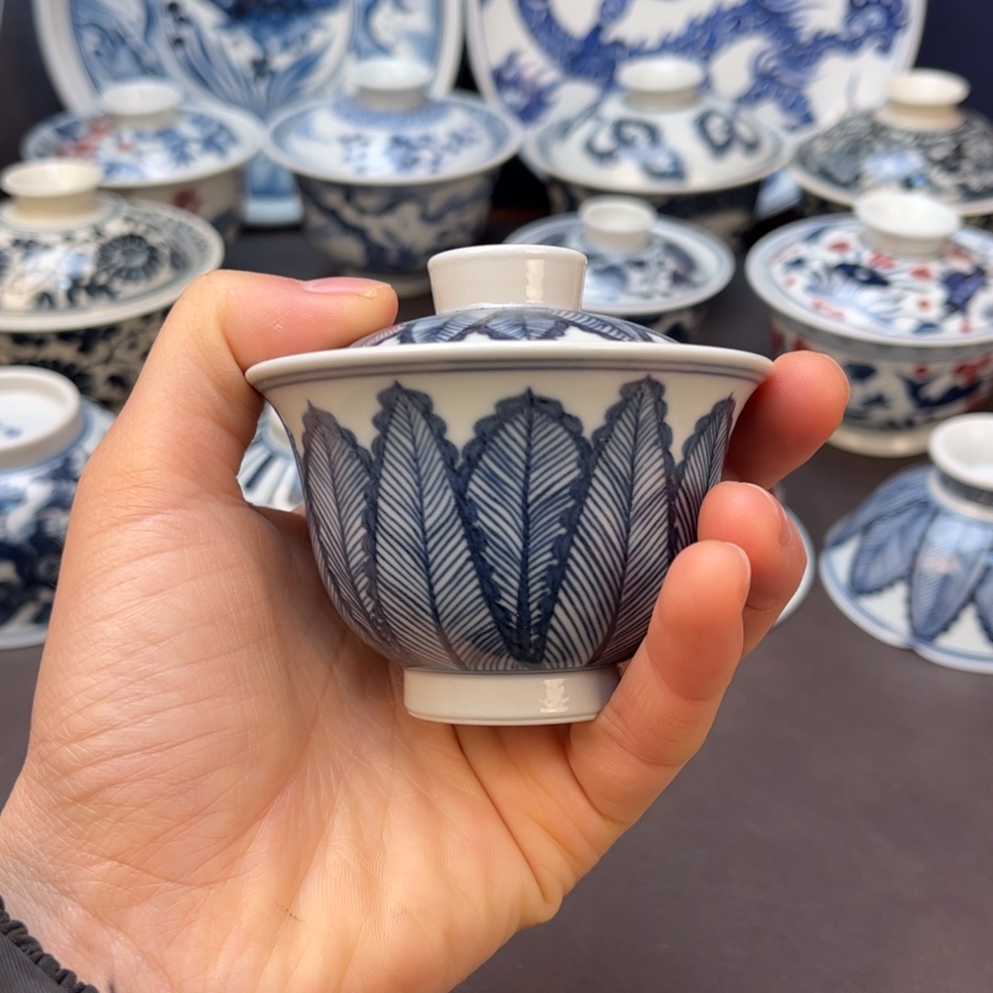 景德镇青花芭蕉叶小盖碗