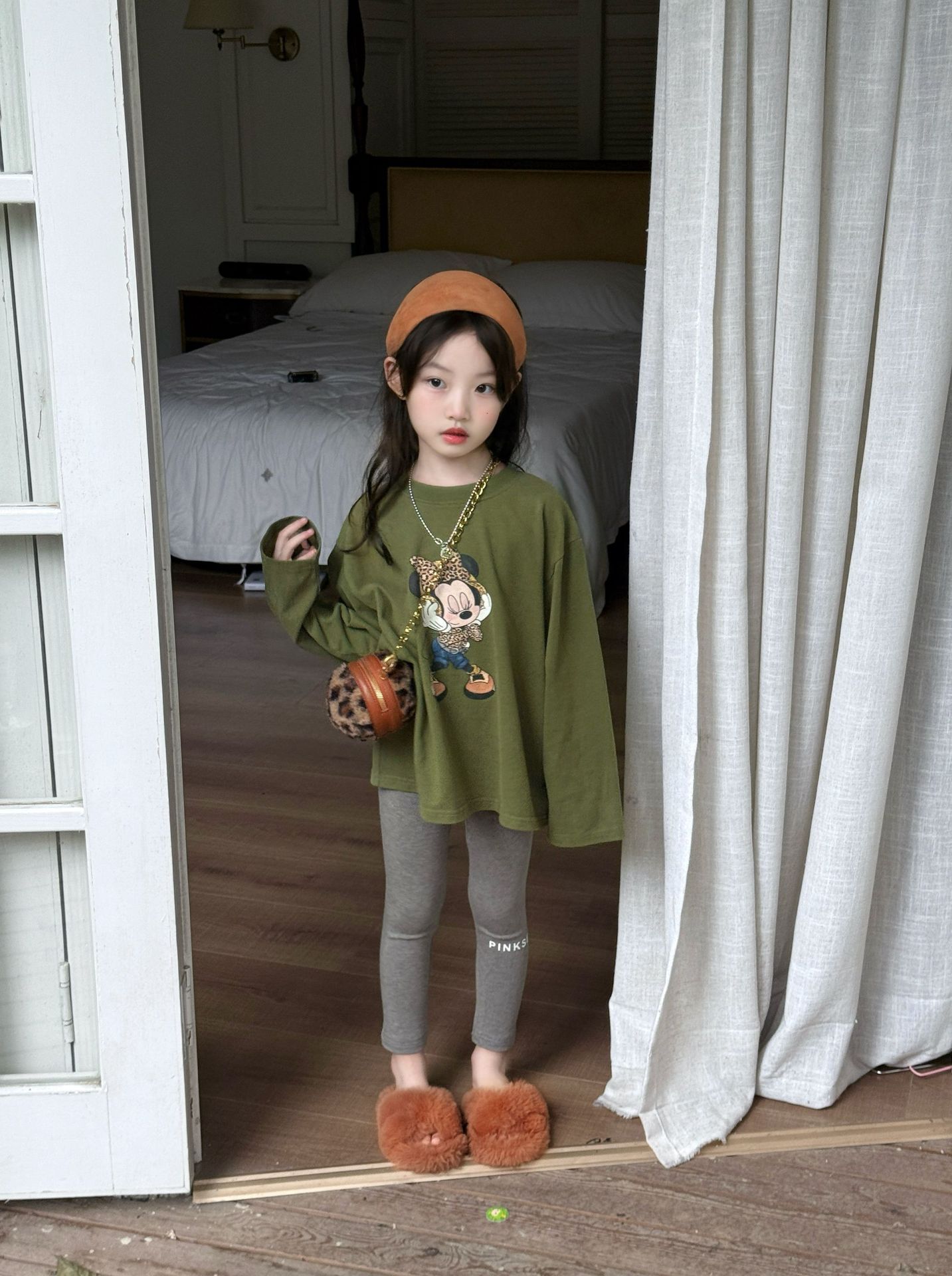 小粉象 ·女童2025秋季新款韩版卡通印花长袖T字母印花打底裤套装